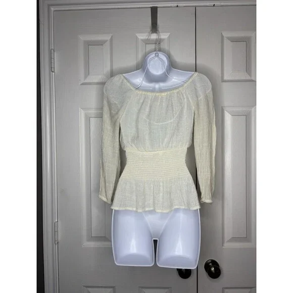 E&M Cream Peasant Blouse Corset Lace Up Cottagecore Top Small - Picture 4 of 5